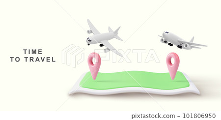 3d realistic illustration of flights concept, airplane flying over map pin. Vector illustration. 101806950