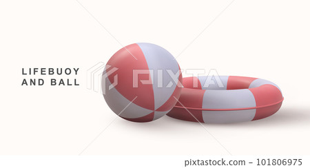 3D realistic beach ball and lifebuoy. Vector illustration. 3D realistic beach ball and lifebuoy. Vector illustration. 101806975