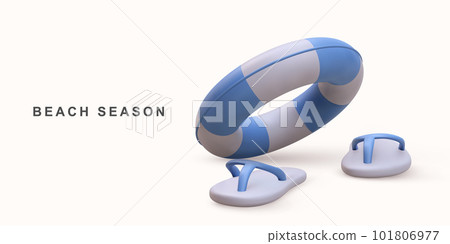 3D realistic beach sneakers and lifebuoy. Vector illustration. 3D realistic beach sneakers and lifebuoy. Vector illustration. 101806977