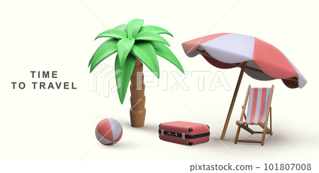 3d summer vacation concept with beach chair,umbrella and summer elements. Vector illustration. 101807008