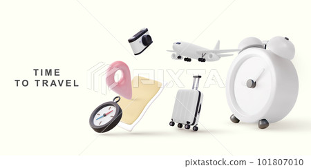 3d travel time concept with clock, suitcase, map, airplane, camera and compass. Vector illustration. 3d travel time concept with clock, suitcase, map, airplane, camera and compass. Vector illustration. 101807010