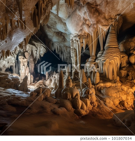 Beautiful mysterious karst cave, stalactites, stalagmites, calcareous outgrowths and scenery, unusual landscape 101807034