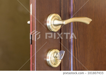 Modern, contemporary satin metal handle and a key in lock on a wooden door close-up. 101807433