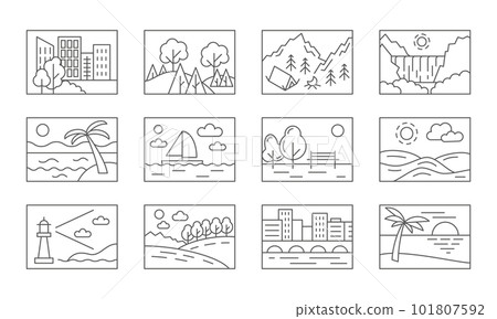 Landscape nature, countryside line icons outdoor cityscape. Sea and lake water, ocean and river beach, urban park. Adventure scenery. Black outline isolated elements. Vector line pictograms Landscape nature, countryside line icons outdoor cityscape. Sea and lake water, ocean and river beach, urban park. Adventure scenery. Black outline isolated elements. Vector line pictograms 101807592