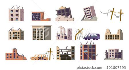 Ruined building set. Buildings after earthquake. Cartoon abandoned flat style isolated city elements, collapsed and broken houses and property, card and power lines. Vector set Ruined building set. Buildings after earthquake. Cartoon abandoned flat style isolated city elements, collapsed and broken houses and property, card and power lines. Vector set 101807593