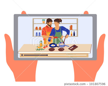 Cooking on kitchen. Food vlog. Watching meal preparing video on smartphone. Mobile technology. Phone in arms. Culinary tutorial player. Recipe streaming. Hobby blog. Vector illustration Cooking on kitchen. Food vlog. Watching meal preparing video on smartphone. Mobile technology. Phone in arms. Culinary tutorial player. Recipe streaming. Hobby blog. Vector illustration 101807596