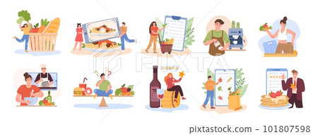 People eat food. Foodie in cafe. Culinary products. Persons study to sommelier or barista. Mobile grocery store. Quality and healthy order. Shopping list. Vector illustration concepts set 101807598