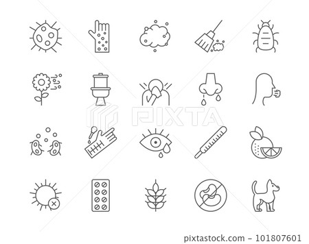 Allergic test. Dry nose icons. Allergy symptoms. Personalised medication sun person care. People cough from flower pollen and dust. Unwell sneeze. Vector medical outline pictograms set 101807601