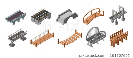 Isometric river roads. Canal bridges. Tower engineering. Modern water highway and landmark. Building construction. Wooden and stone footbridges. Vector illustration cityscape elements set 101807605