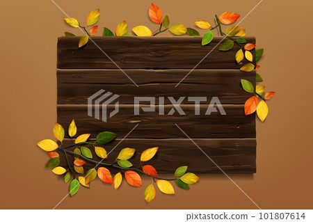 Fall wooden sign. Autumn wood. Realistic board and leaves. Forest tree branch. Old frame. Yellow and red flora. Autumnal foliage. Empty billboard. Vector design background template 101807614