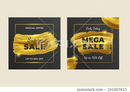 Sale banner. Golden brush stroke. Paint smear. Spring texture. Abstract logo. Summer makeup label price. Discount promotion. Vector background for special offer social media post template Sale banner. Golden brush stroke. Paint smear. Spring texture. Abstract logo. Summer makeup label price. Discount promotion. Vector background for special offer social media post template 101807615