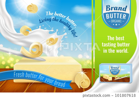 Milk butter ad. Realistic food advertising banner. Spread margarine on bread with knife. Cream liquid splash. Dairy product on wooden table. Snack container design. Vector brand template 101807618