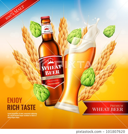 Realistic malt beer, ad promotion banner, bottle with label and glass with foam drink. Yeast premium beverage products, liquid alcohol, brewery bubbles. Vector realistic advertising template 101807620
