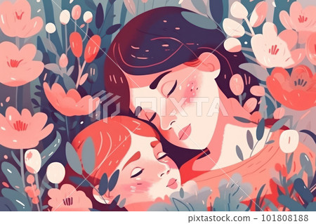 A vibrant and colorful image capturing the bond between a mother and child in a serene countryside meadow, perfect for Mother's Day, symbolizing the joy and happiness of parenthood. AI Generative A vibrant and colorful image capturing the bond between a mother and child in a serene countryside meadow, perfect for Mother's Day, symbolizing the joy and happiness of parenthood. AI Generative 101808188