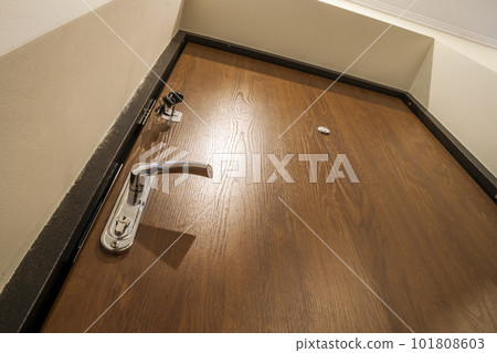 Modern dark wooden house apartment door detail in a low angle view of the metal handle and keyhole and lock with copy space. New house concept. Real estate. 101808603