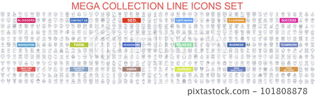 Mega set of vector simple line icons. Contains such Icons as Business, Teamwor, SEO, Contact Us, Blogger, Learning, Analytics, Delivery, Navigation and more. Bundle icon. Outline pictogram pack. Mega set of vector simple line icons. Contains such Icons as Business, Teamwor, SEO, Contact Us, Blogger, Learning, Analytics, Delivery, Navigation and more. Bundle icon. Outline pictogram pack. 101808878