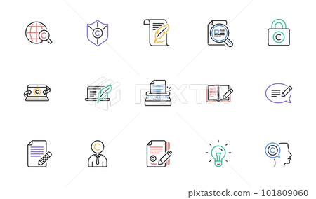 Copywriting line icons. Copyright, Typewriter and Feedback. Legal content linear icon set. Bicolor outline web elements. Vector 101809060