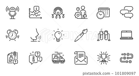 Outline set of Chart, Survey progress and Chemistry beaker line icons for web application. Talk, information, delivery truck outline icon. Include Talk bubble, Employee, Calendar time icons. Vector 101809097