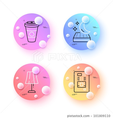 Coffee vending, Table lamp and Mattress minimal line icons. 3d spheres or balls buttons. Takeaway coffee icons. For web, application, printing. Bedside lamp, Night bed, Hot latte drink. Vector Coffee vending, Table lamp and Mattress minimal line icons. 3d spheres or balls buttons. Takeaway coffee icons. For web, application, printing. Bedside lamp, Night bed, Hot latte drink. Vector 101809110