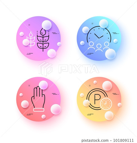Three fingers, Meeting time and Parking time minimal line icons. 3d spheres or balls buttons. Gluten free icons. For web, application, printing. Click palm, Conference hours, Park clock. Vector Three fingers, Meeting time and Parking time minimal line icons. 3d spheres or balls buttons. Gluten free icons. For web, application, printing. Click palm, Conference hours, Park clock. Vector 101809111