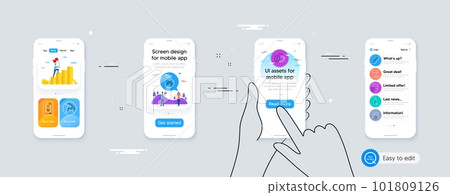 Set of Alcohol free, Wedding glasses and Coffee cup line icons. Phone ui interface. Include Peanut, Prohibit food, Coffee maker icons. Medical food web elements. For web, application. Vector 101809126