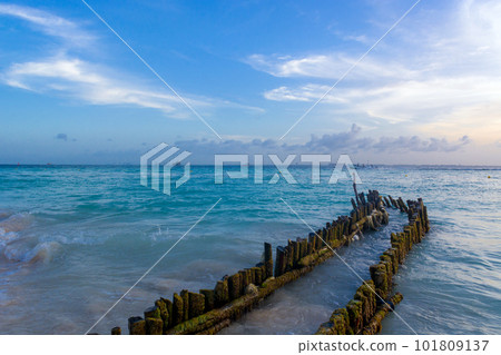 View of the pier at the Caribbean Sea at dawn View of the pier at the Caribbean Sea at dawn 101809137