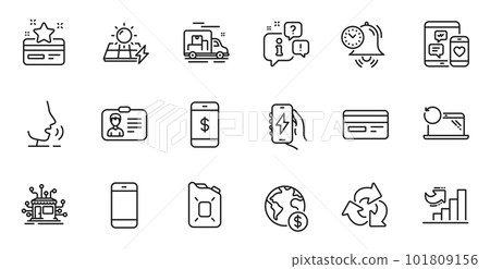 Outline set of Smartphone, Recycle and Canister oil line icons for web application. Talk, information, delivery truck outline icon. Include Growth chart, Credit card, Distribution icons. Vector 101809156