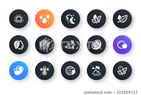 Minimal set of Mountain flag, Environment day and Leaf dew flat icons for web development. Pecan nut, Rainy weather, Organic tested icons. Peas, Mineral oil, Plants watering web elements. Vector 101809157