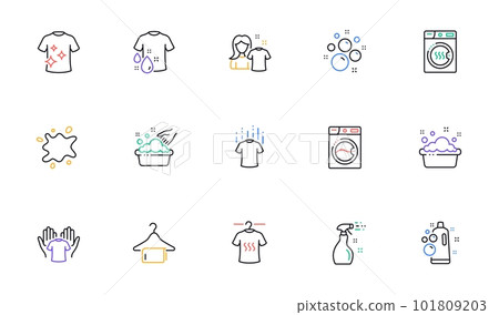 Laundry line icons. Dryer, Washing machine and dirt shirt. Laundromat, hand washing, laundry service icons. Linear set. Bicolor outline web elements. Vector 101809203