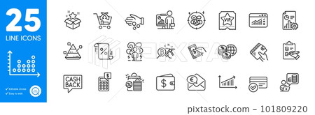 Outline icons set. Shopping bags, Loan percent and Loyalty program icons. Dollar wallet, Chart, Dot plot web elements. Web traffic, Pyramid chart, Stress signs. Budget accounting. Vector 101809220