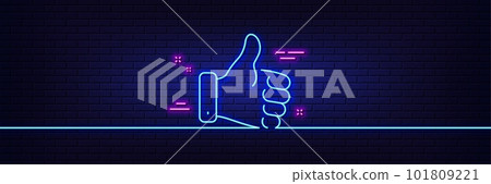 Neon light glow effect. Like hand line icon. Thumbs up finger sign. Gesture symbol. 3d line neon glow icon. Brick wall banner. Like hand outline. Vector Neon light glow effect. Like hand line icon. Thumbs up finger sign. Gesture symbol. 3d line neon glow icon. Brick wall banner. Like hand outline. Vector 101809221