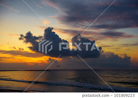 Sea beach with sky sunset or sunrise. Clouds over the sunset sea. 101809223