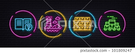 Boxes shelf, Help and Lighthouse minimal line icons. Neon laser 3d lights. Boxes pallet icons. For web, application, printing. Wholesale inventory, Documentation, Navigation beacon. Vector 101809247