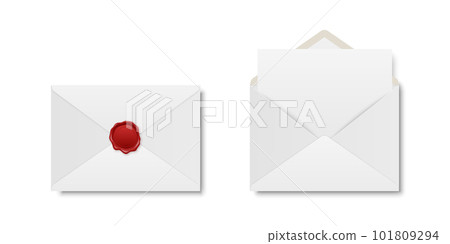 Vector Realistic White Closed Envelope with Red Wax Seal and Opened Envelope with Letter Inside. Folded and Unfolded White Envelope Icon Set Isolated. Message, Alert, Surprise, Secret Concept 101809294