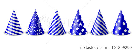 Vector 3d Realistic Blue and White Birthday Party Hat Icon Set Isolated on White Background. Party Cap Design Template for Party Banner, Greeting Card. Holiday Hats, Cone Shape, Front View 101809299