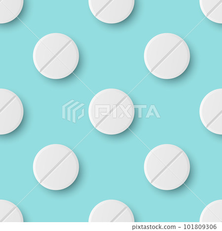 Vector Seamless Pattern with 3d Realistic White Round Pharmaceutical Medical Pill, Capsule, Tablet Closeup On Blue Background. Front View. Medicine, Health Concept Vector Seamless Pattern with 3d Realistic White Round Pharmaceutical Medical Pill, Capsule, Tablet Closeup On Blue Background. Front View. Medicine, Health Concept 101809306