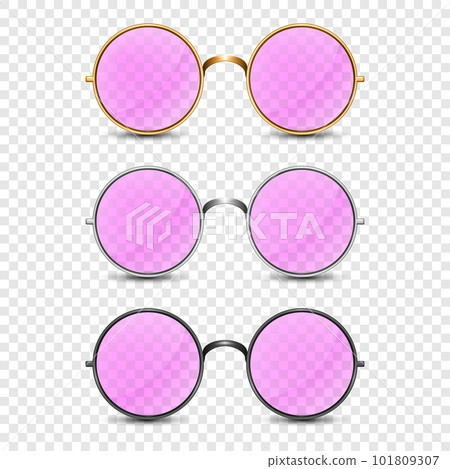 Vector 3d Realistic Frame Glasses with Pink Glass. Golden, Silver, Black Color Frame. Pink Transparent Sunglasses for Women and Men, Accessory. Optics, Lens, Vintage, Trendy Glasses. Front View Vector 3d Realistic Frame Glasses with Pink Glass. Golden, Silver, Black Color Frame. Pink Transparent Sunglasses for Women and Men, Accessory. Optics, Lens, Vintage, Trendy Glasses. Front View 101809307