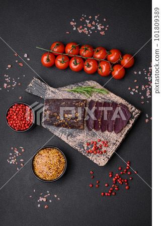 Delicious smoked Armenian basturma with spices and herbs Delicious smoked Armenian basturma with spices and herbs 101809389
