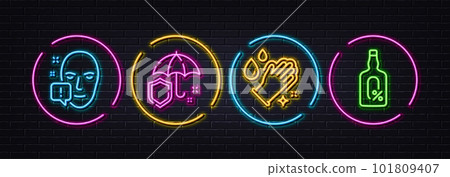 Washing hands, Umbrella and Face attention minimal line icons. Neon laser 3d lights. Alcohol free icons. For web, application, printing. Gloves, Shield secure, Exclamation mark. Vector 101809407