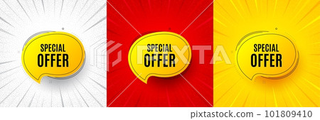Special offer bubble sticker. Flash offer banner, coupon or poster. Discount banner shape. Sale coupon chat icon. Special offer promo banner. Retail marketing flyer. Starburst pop art. Vector Special offer bubble sticker. Flash offer banner, coupon or poster. Discount banner shape. Sale coupon chat icon. Special offer promo banner. Retail marketing flyer. Starburst pop art. Vector 101809410