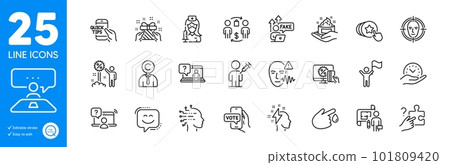 Outline icons set. Hold heart, Search puzzle and Online shopping icons. Blood donation, Discount, Safe time web elements. Education, Interview job, People vaccination signs. Vector 101809420