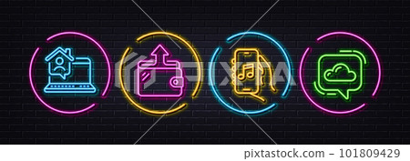 Work home, Music app and Wallet minimal line icons. Neon laser 3d lights. Cloud communication icons. For web, application, printing. Freelance work, Musical note, Send money. Online message. Vector 101809429