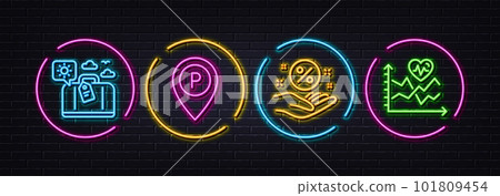 Travel luggage, Parking and Loan percent minimal line icons. Neon laser 3d lights. Cardio training icons. For web, application, printing. Trip bag, Park pointer, Discount hand. Vector 101809454