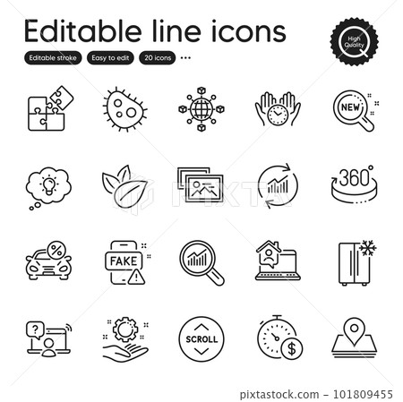 Set of Technology outline icons. Contains icons as Fake news, Logistics network and 360 degrees elements. New products, Employee hand, Organic product web signs. Pin, Data analysis. Vector Set of Technology outline icons. Contains icons as Fake news, Logistics network and 360 degrees elements. New products, Employee hand, Organic product web signs. Pin, Data analysis. Vector 101809455