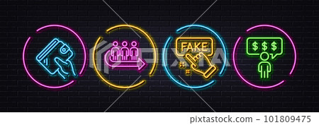 Wallet, Fake information and Queue minimal line icons. Neon laser 3d lights. Employee benefits icons. For web, application, printing. Money budget, False truth, People waiting. Salary man. Vector Wallet, Fake information and Queue minimal line icons. Neon laser 3d lights. Employee benefits icons. For web, application, printing. Money budget, False truth, People waiting. Salary man. Vector 101809475