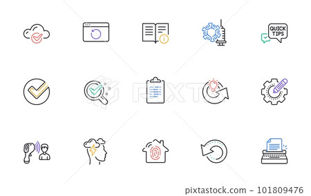 Electronic thermometer, Verify and Mindfulness stress line icons for website, printing. Collection of Technical info, Coronavirus vaccine, Share idea icons. Fingerprint access, Clipboard. Vector Electronic thermometer, Verify and Mindfulness stress line icons for website, printing. Collection of Technical info, Coronavirus vaccine, Share idea icons. Fingerprint access, Clipboard. Vector 101809476
