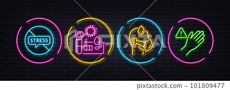 Stop stress, Sick man and Covid test minimal line icons. Neon laser 3d lights. Dont touch icons. For web, application, printing. Mental anxiety, Epidemic protection, Blood testing. Clean hand. Vector Stop stress, Sick man and Covid test minimal line icons. Neon laser 3d lights. Dont touch icons. For web, application, printing. Mental anxiety, Epidemic protection, Blood testing. Clean hand. Vector 101809477
