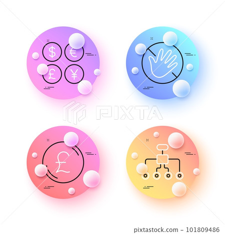 Restructuring, Do not touch and Money currency minimal line icons. 3d spheres or balls buttons. Pound money icons. For web, application, printing. Delegate, Not allowed, Currency exchange. Vector 101809486
