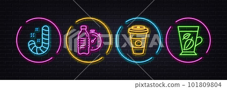 Takeaway coffee, Fitness water and Candy minimal line icons. Neon laser 3d lights. Mint leaves icons. For web, application, printing. Hot latte drink, Drink bottle, Lollypop. Mentha leaf. Vector 101809804