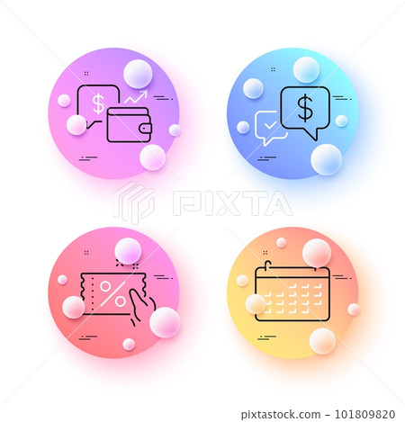 Wallet, Discount coupon and Payment received minimal line icons. 3d spheres or balls buttons. Calendar icons. For web, application, printing. Money savings, Sale flyer, Money. Business audit. Vector 101809820